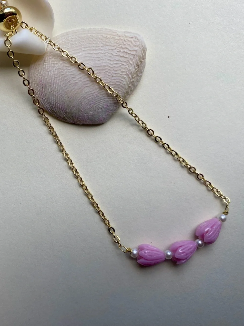 Handmade Pink Pikake Adjustable Chain Bracelet